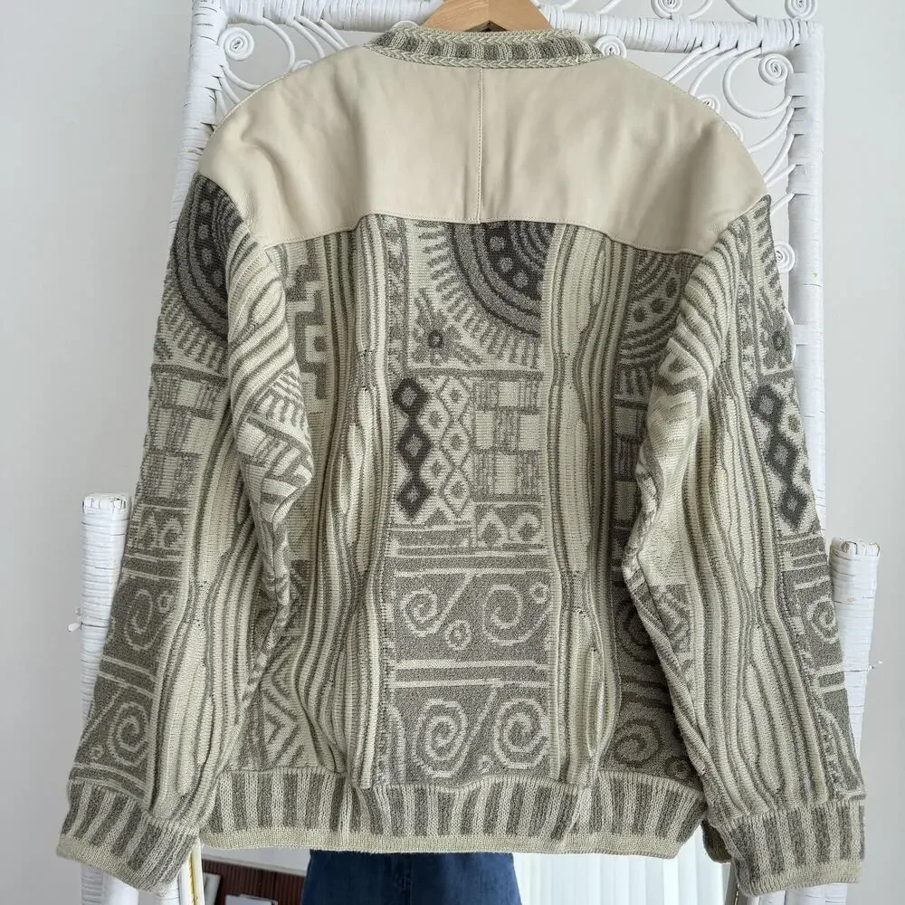 Vintage Saxony Collection Sweater Mens Medium Leather 3D Patchwork Cosby Hip Hop